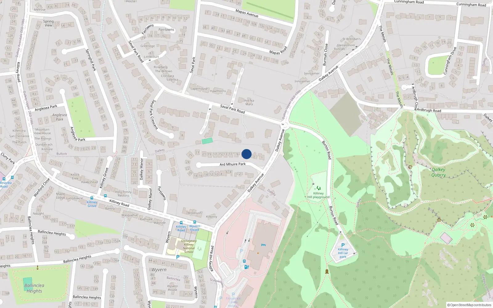 Overhead map showing the location of 27 Árd Mhuire Park, Dalkey