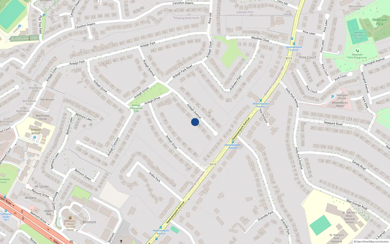 Overhead map showing the location of 27 Ardagh Avenue, Blackrock