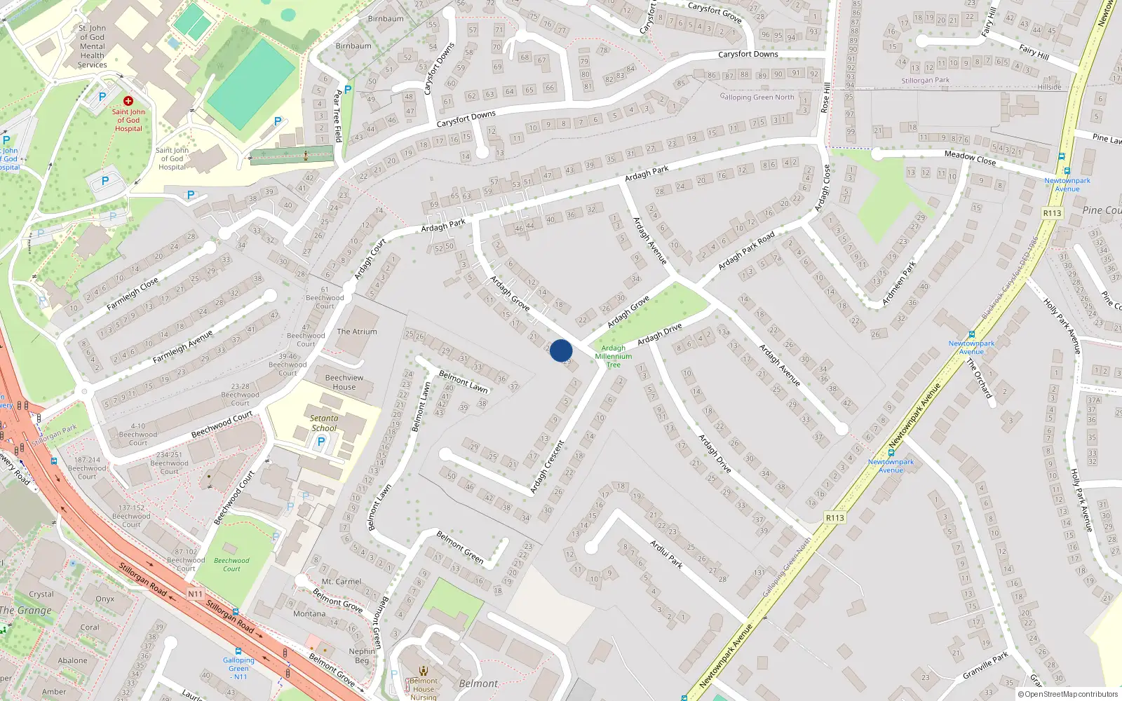 Overhead map showing the location of 27 Ardagh Grove, Dublin