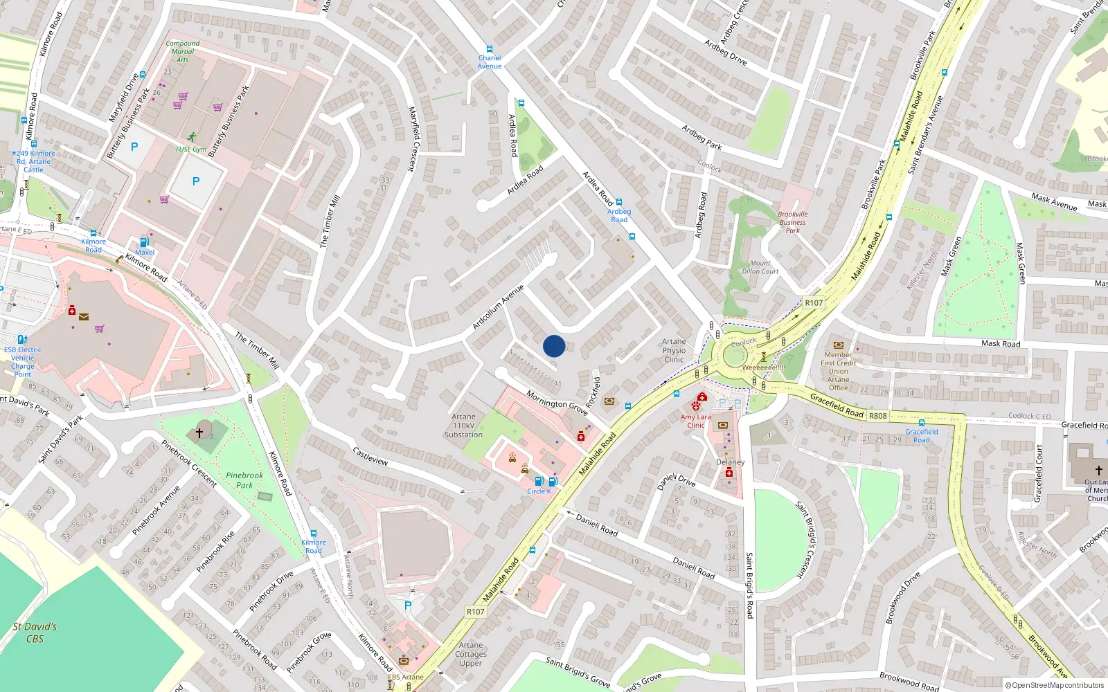 Overhead map showing the location of 27 Ardcollum Avenue, Dublin 5