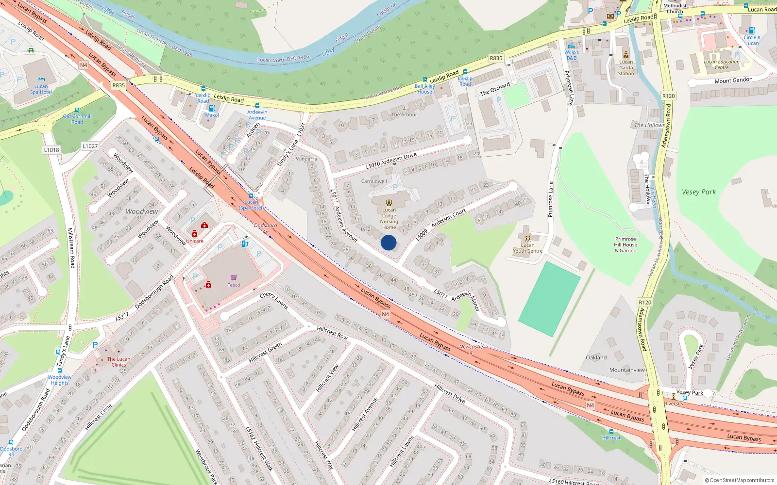 Overhead map showing the location of 27 Ardeevin Avenue, Lucan, Dublin