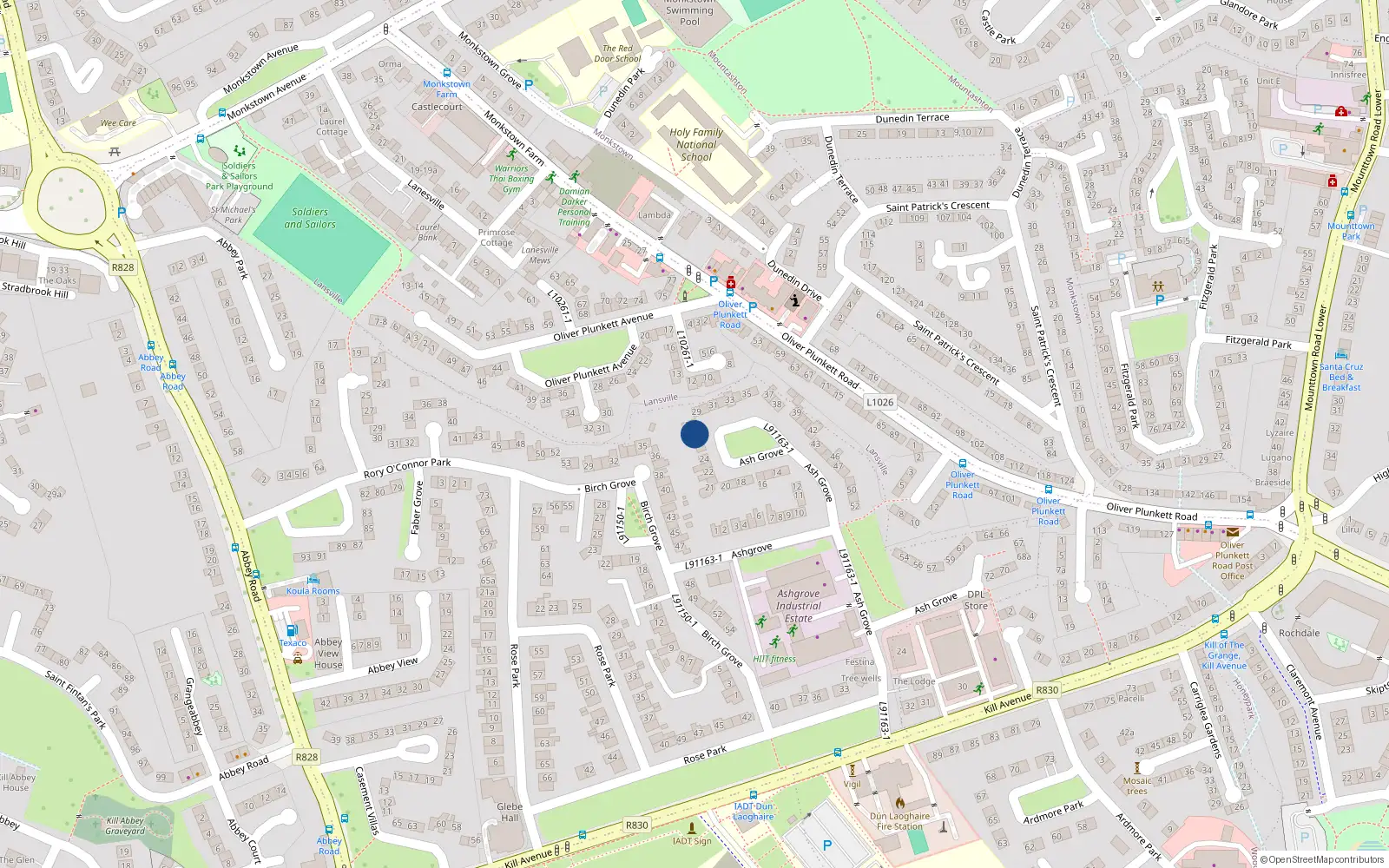 Overhead map showing the location of 27 Ash Grove, Kill Avenue, Dun Laoghaire