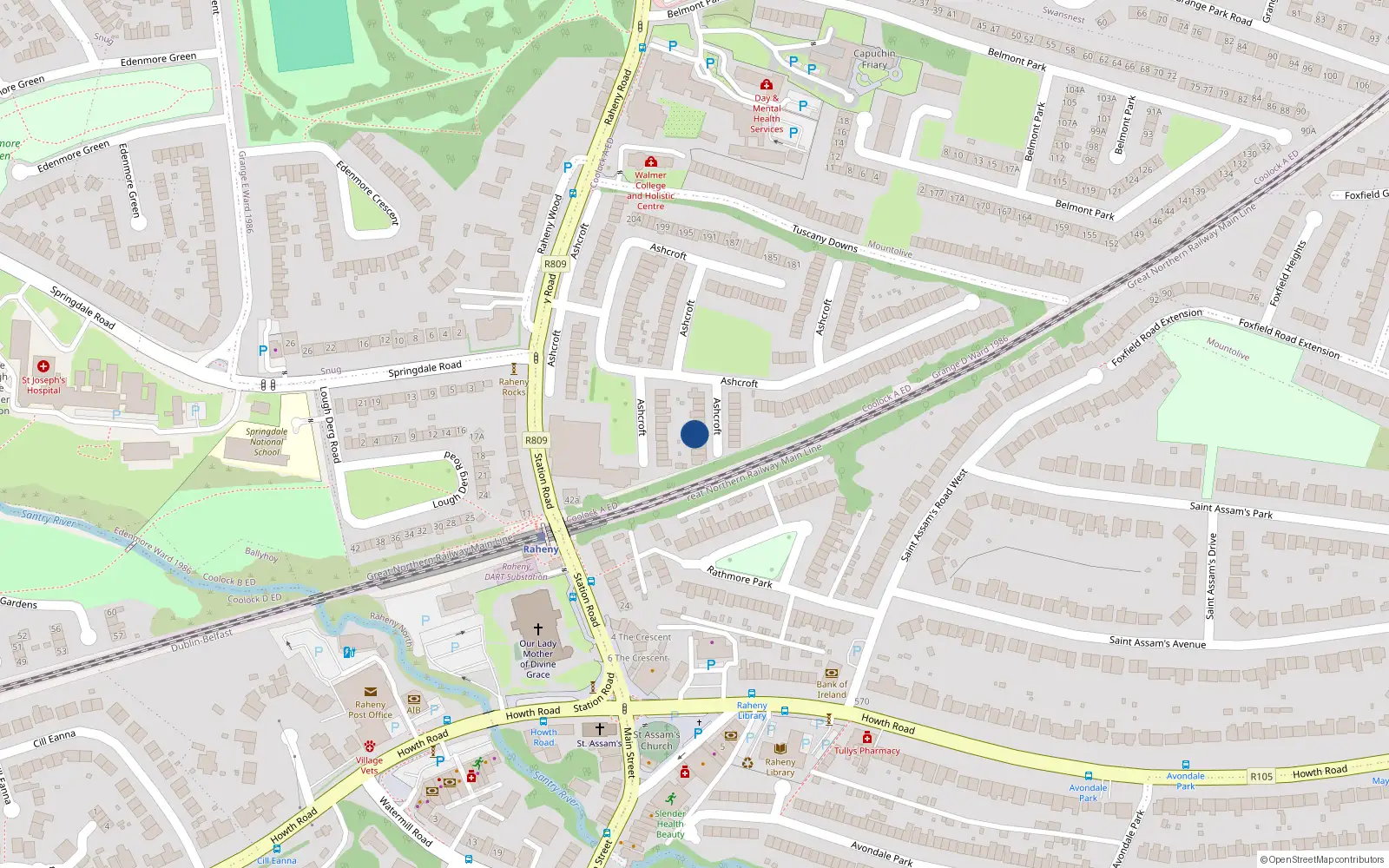 Overhead map showing the location of 27 Ashcroft, Raheny, Dublin 5