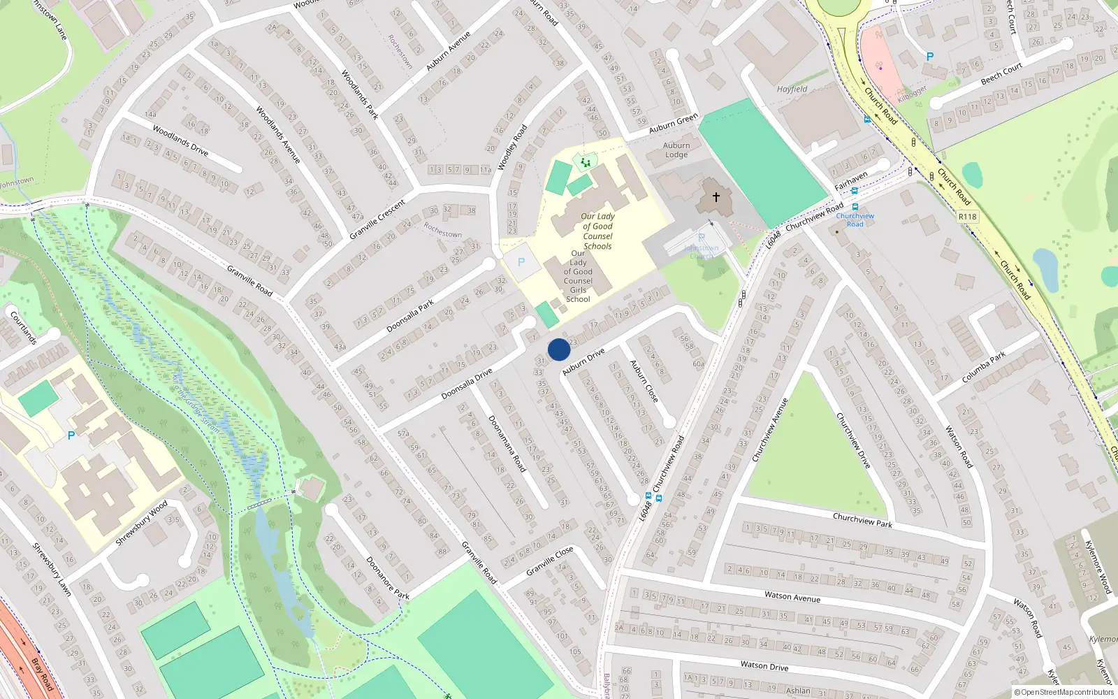 Overhead map showing the location of 27 Auburn Drive, Ballybrack