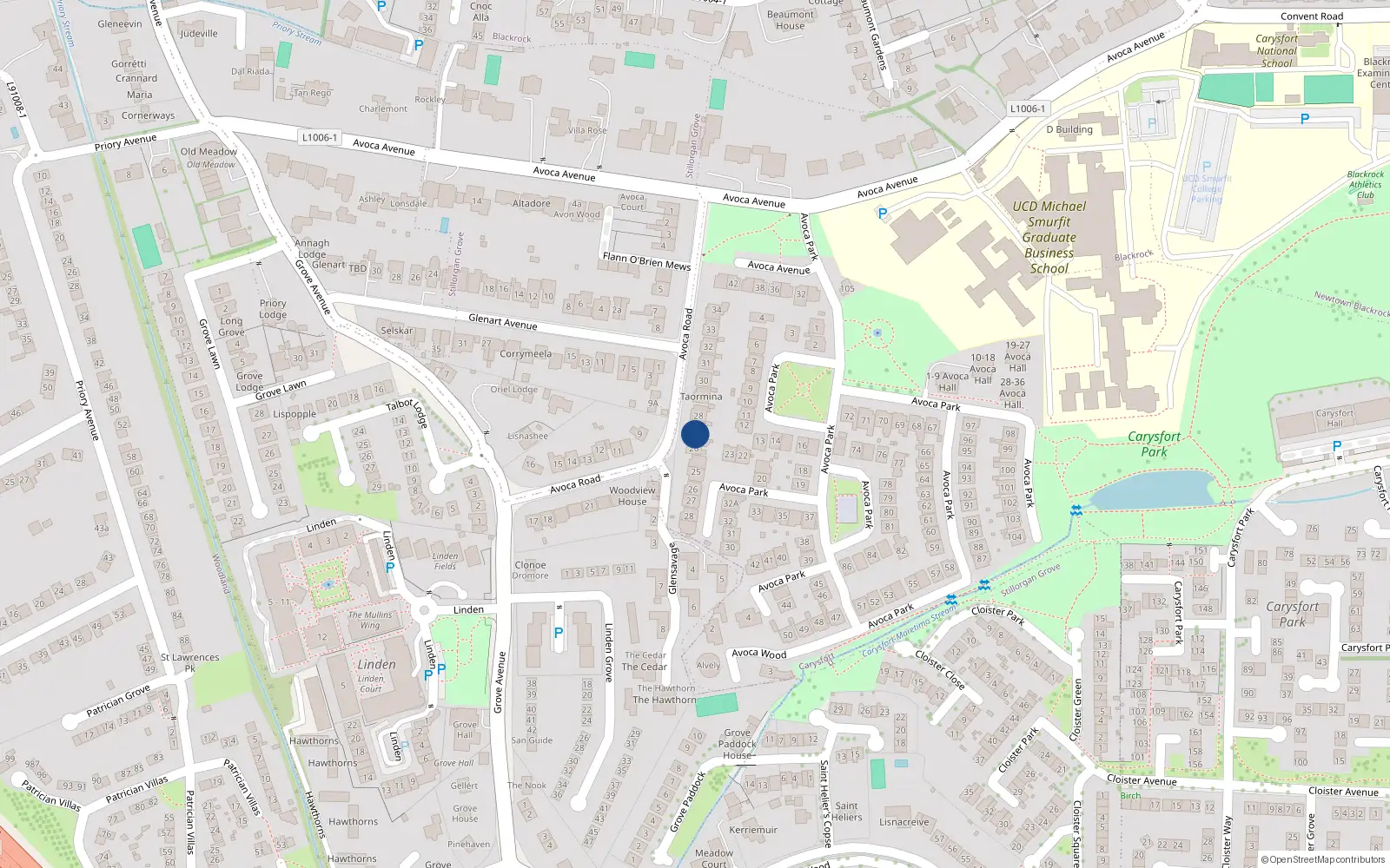 Overhead map showing the location of 27 Avoca Road, Blackrock, Dublin