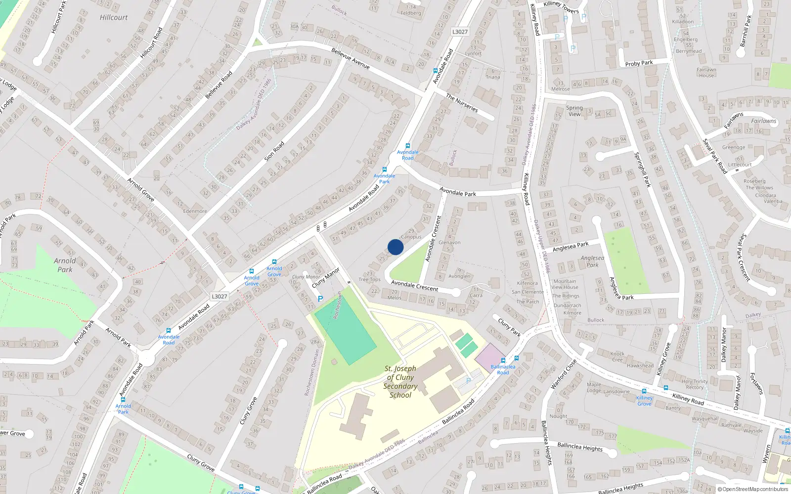 Overhead map showing the location of 27 Avondale Crescent, Killiney, Dublin