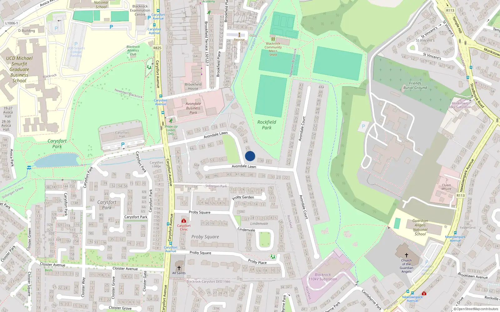 Overhead map showing the location of 27 Avondale Lawn, Blackrock, Dublin