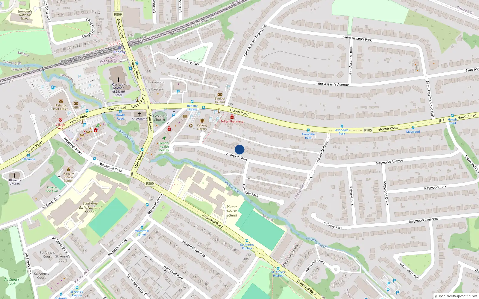 Overhead map showing the location of 27 Avondale Park, Raheny, Dublin 5