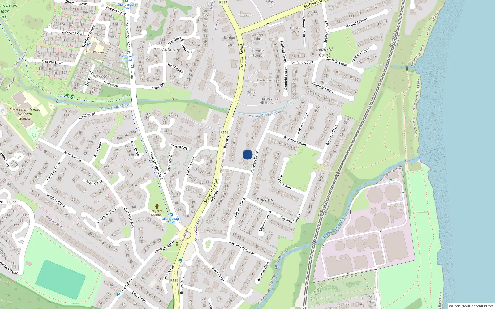 Overhead map showing the location of 27 Bayview Drive, Killiney