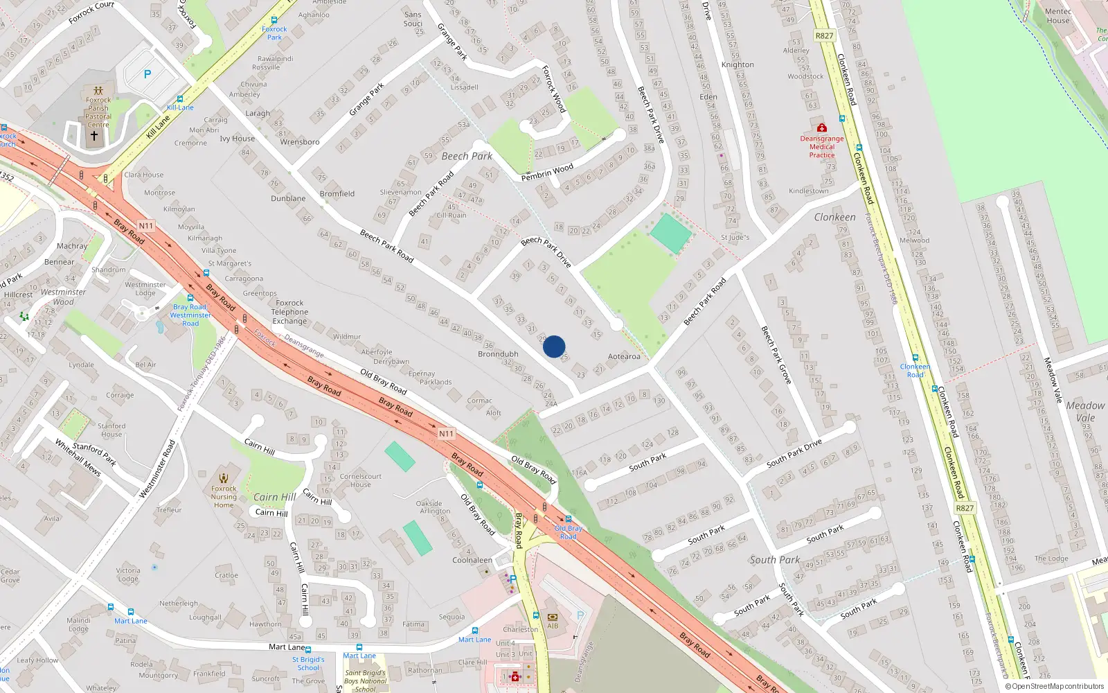Overhead map showing the location of 27 Beech Park Road, Dublin 18