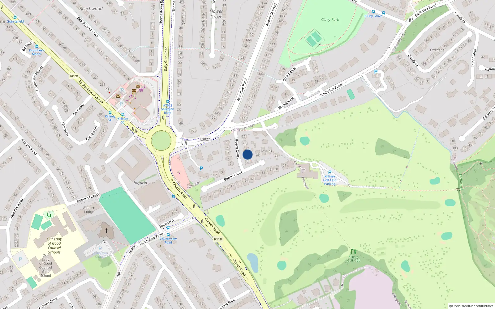 Overhead map showing the location of 27 Beech Court, Killiney