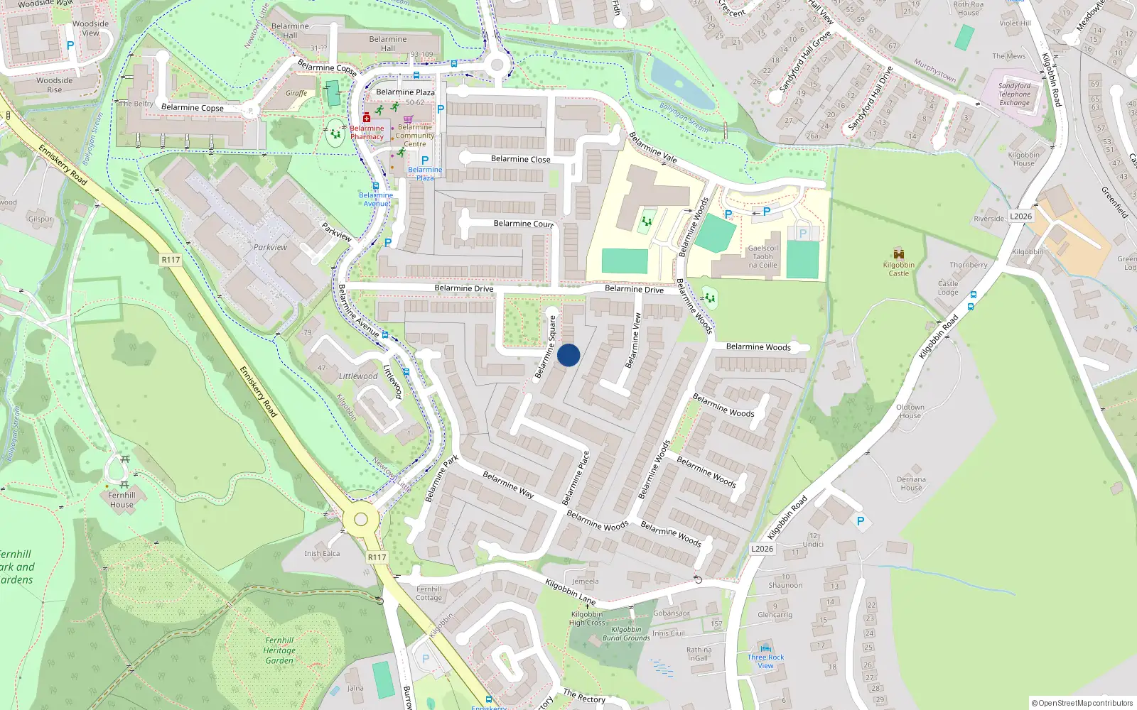 Overhead map showing the location of 27 Belarmine Square, Stepaside