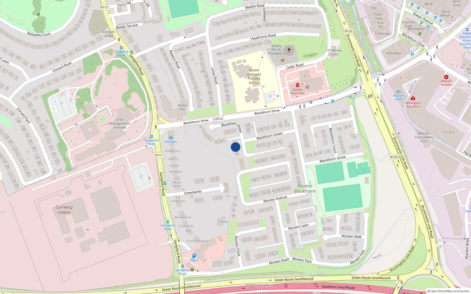 Overhead map showing the location of 27 Blackthorn Green, Dublin 16