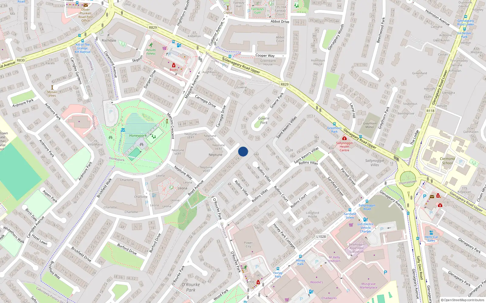 Overhead map showing the location of 27 Boyd Avenue, Dun Laoghaire