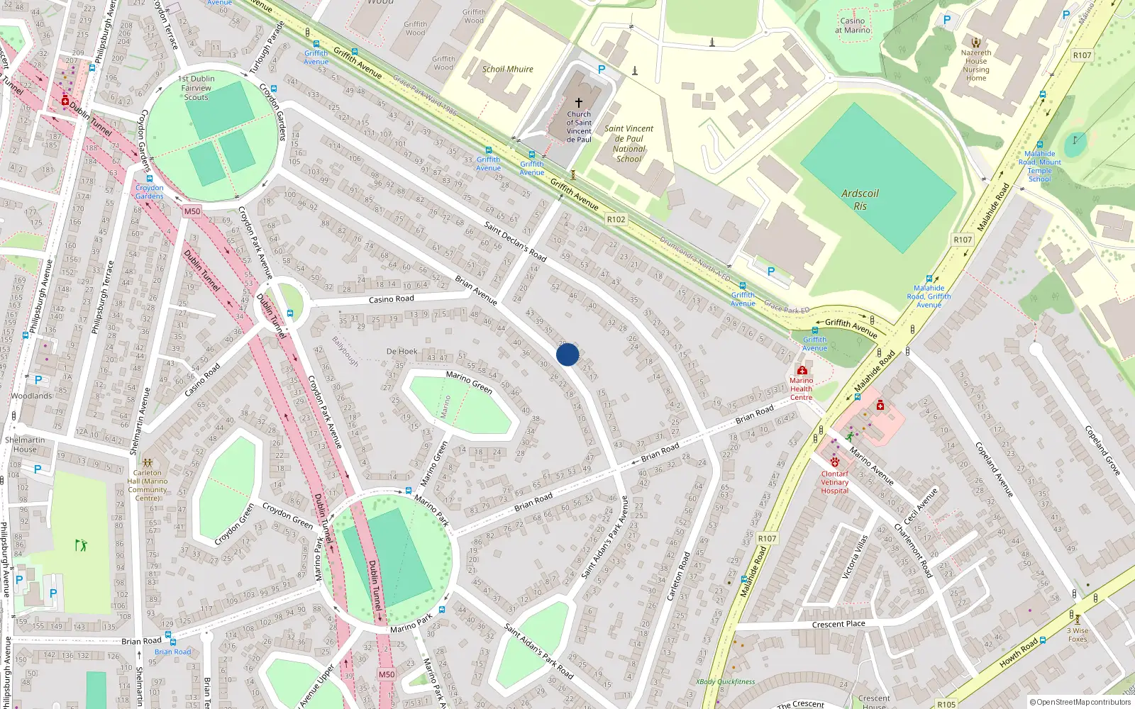 Overhead map showing the location of 27 Brian Avenue, Marino, Dublin 3
