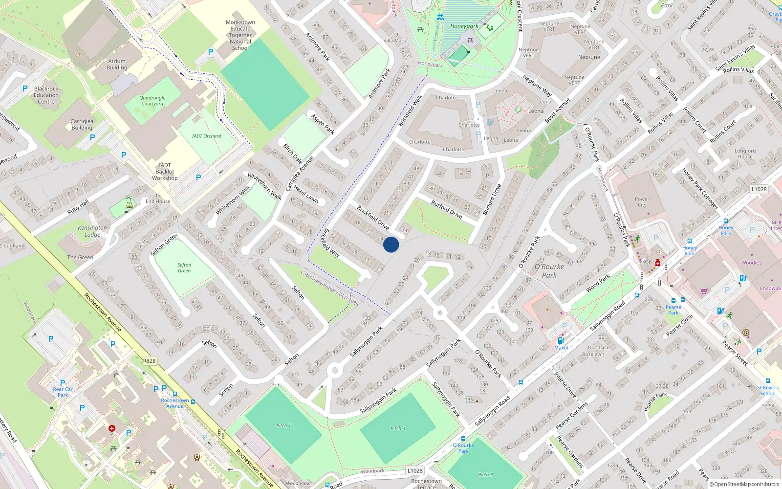 Overhead map showing the location of 27 Brickfield Drive, Dun Laoghaire