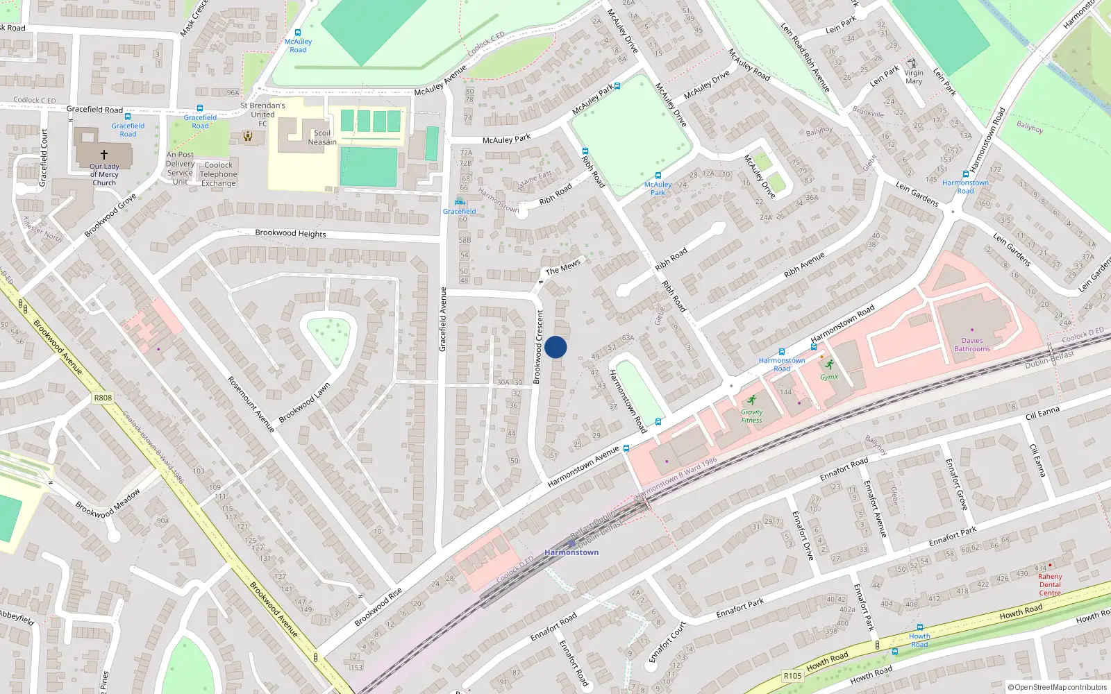 Overhead map showing the location of 27 Brookwood Crescent, Artane, Dublin 5
