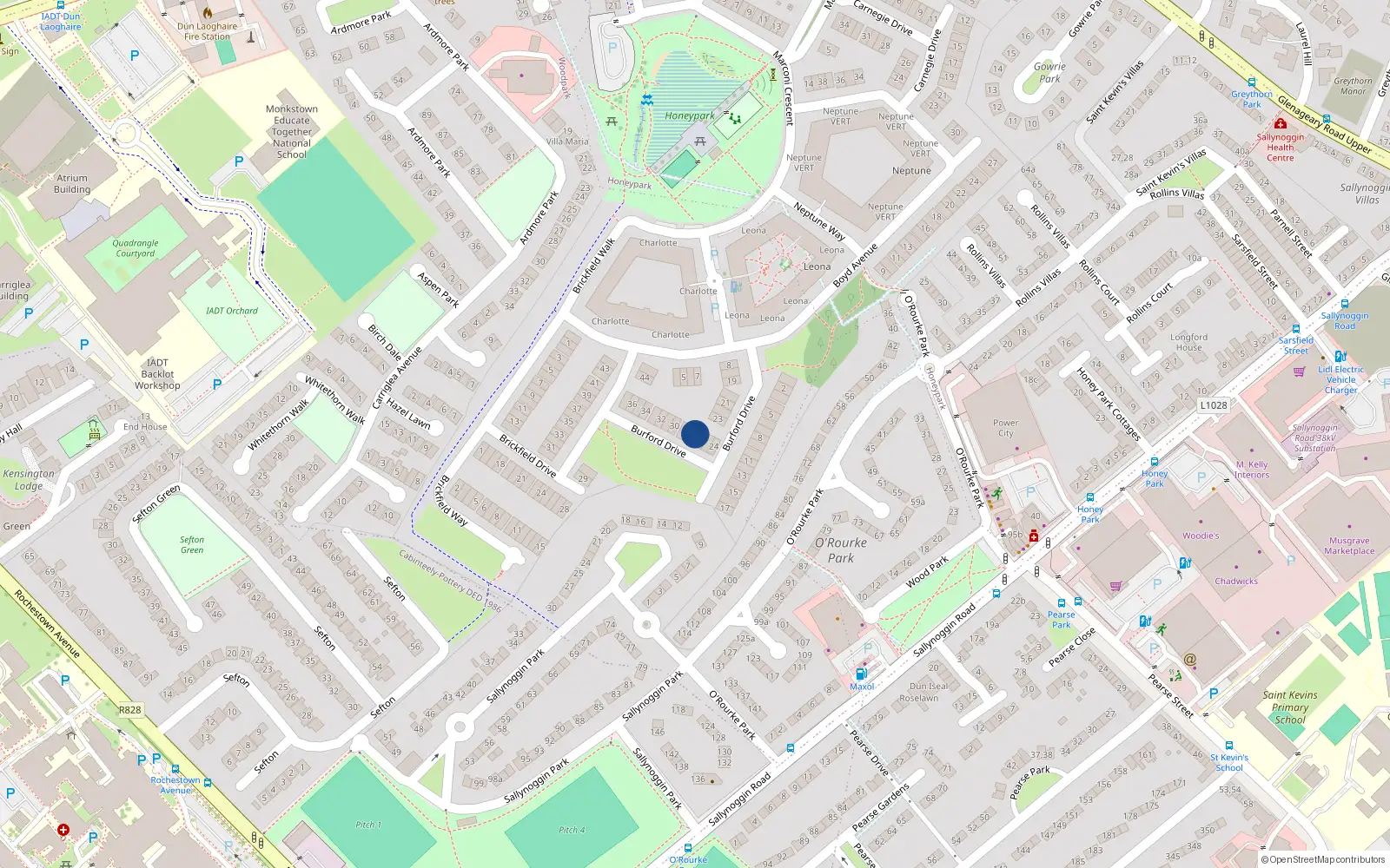 Overhead map showing the location of 27 Burford Drive, Dun Laoghaire