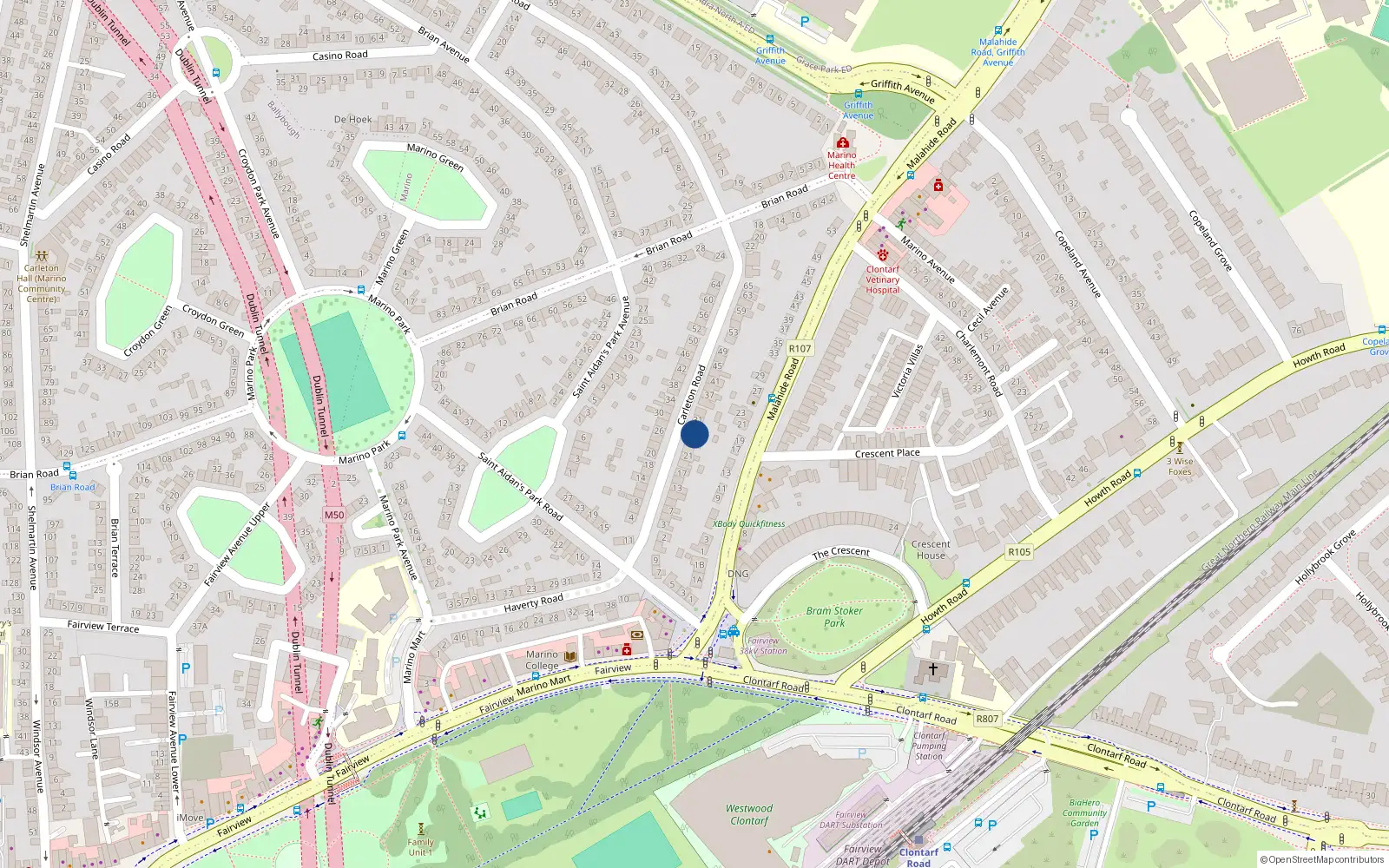 Overhead map showing the location of 27 Carleton Road, Dublin 3