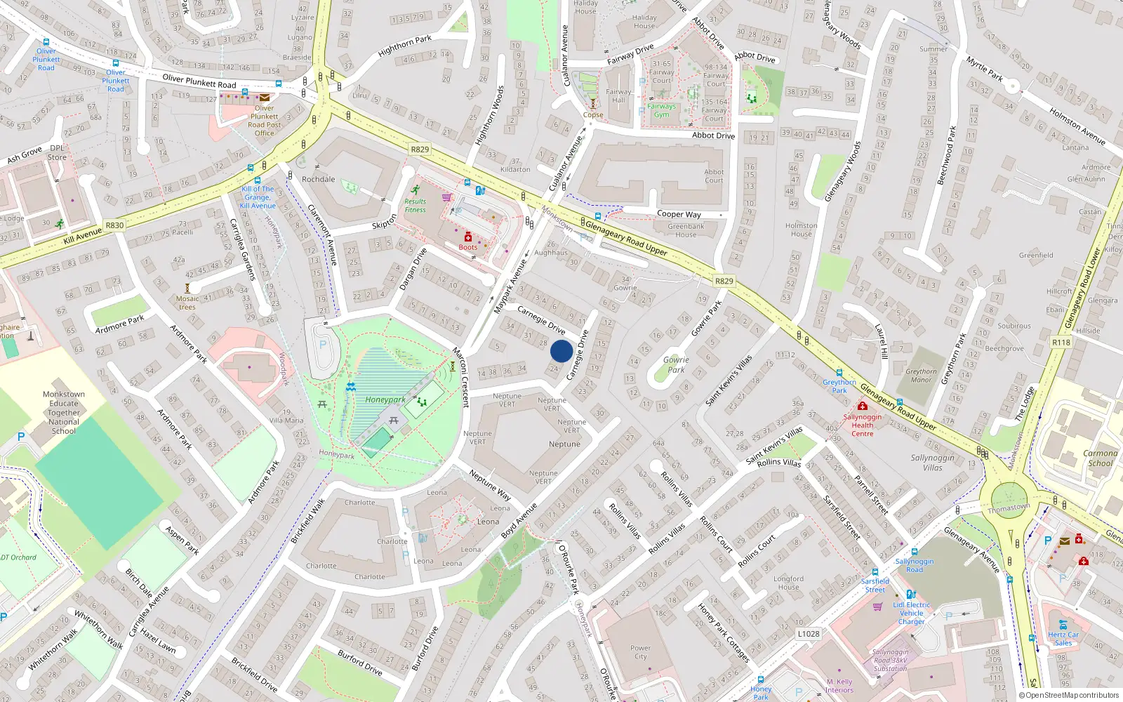 Overhead map showing the location of 27 Carnegie Drive, Honeypark, Dun Laoghaire