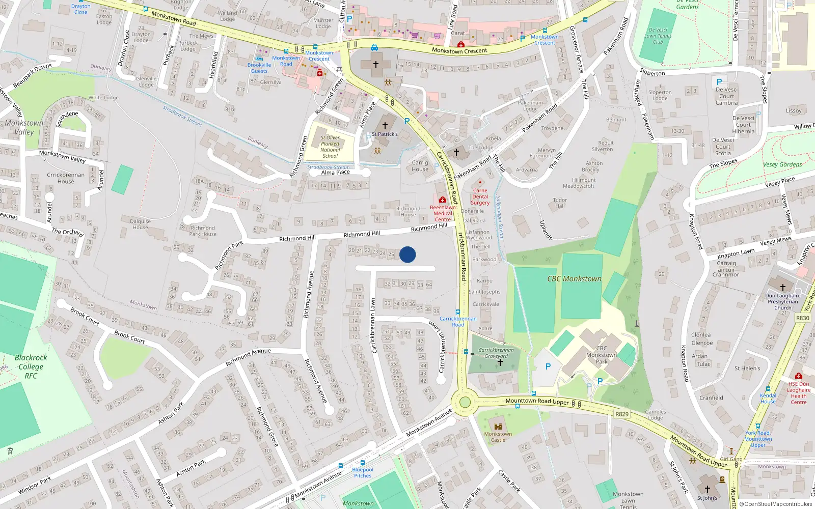 Overhead map showing the location of 27 Carrickbrennan Lawn, Monkstown
