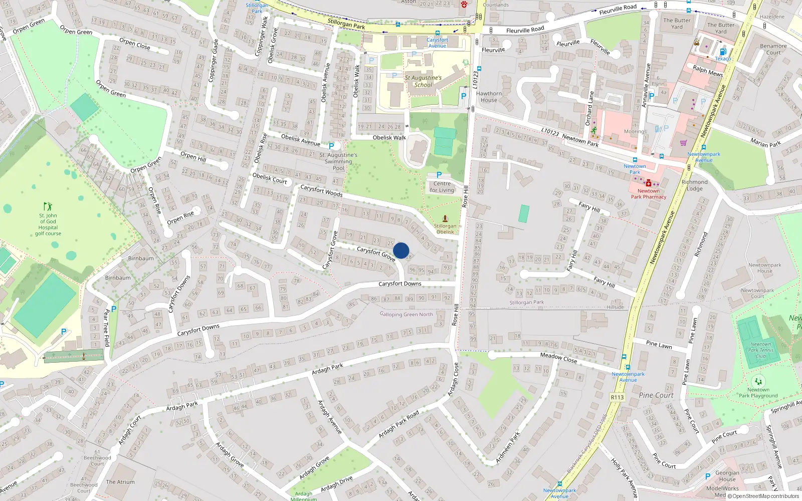 Overhead map showing the location of 27 Carysfort Grove, Blackrock, Dublin