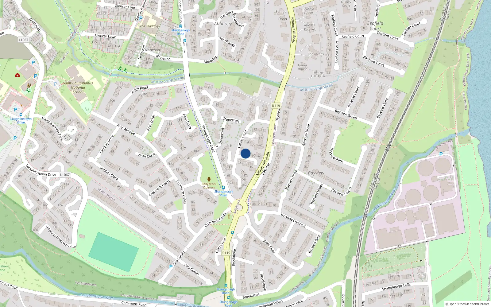 Overhead map showing the location of 27 Castle Court, Killiney