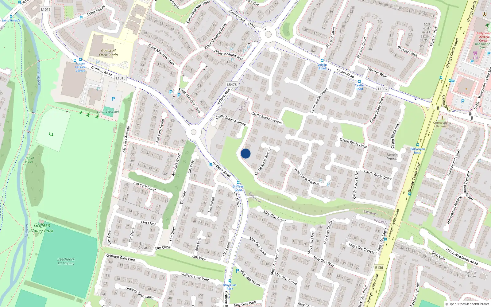 Overhead map showing the location of 27 Castle Riada Avenue, Lucan