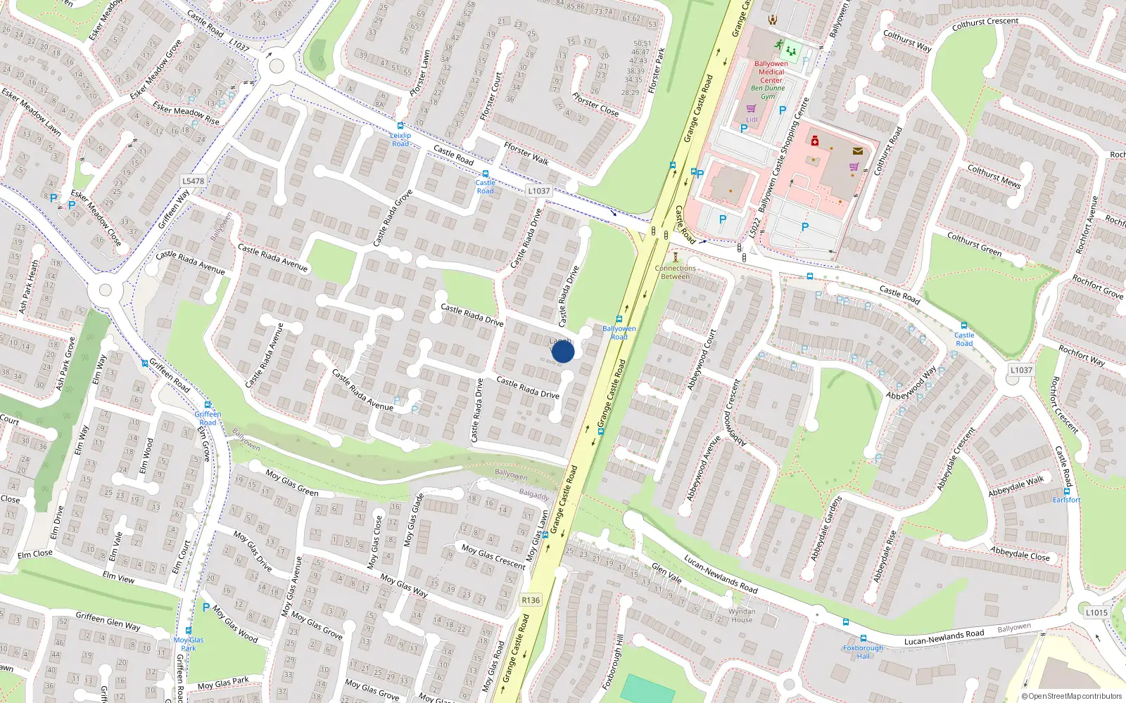 Overhead map showing the location of 27 Castle Riada Drive, Lucan