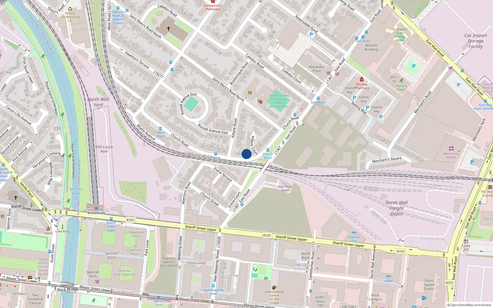 Overhead map showing the location of 27 Church Road, East Wall, Dublin 3