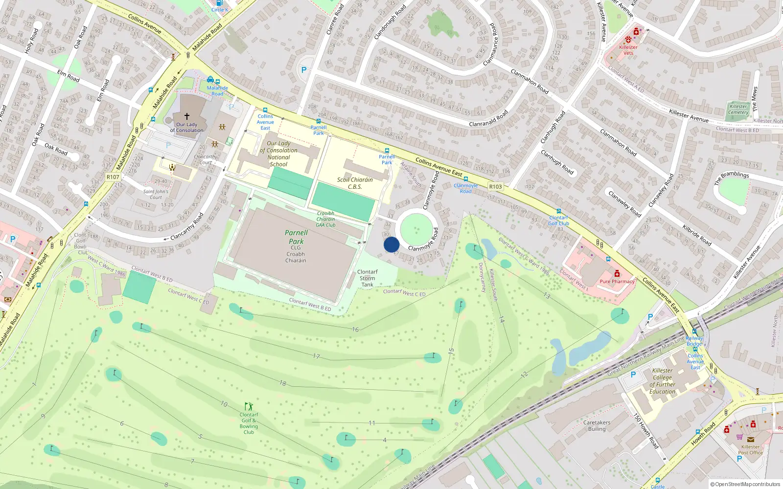 Overhead map showing the location of 27 Clanmoyle Road, Donnycarney, Dublin 5