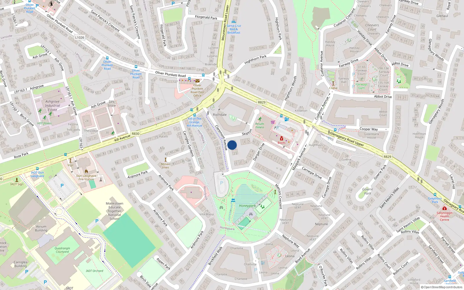 Overhead map showing the location of 27 Claremont Avenue, Dunlaoghaire