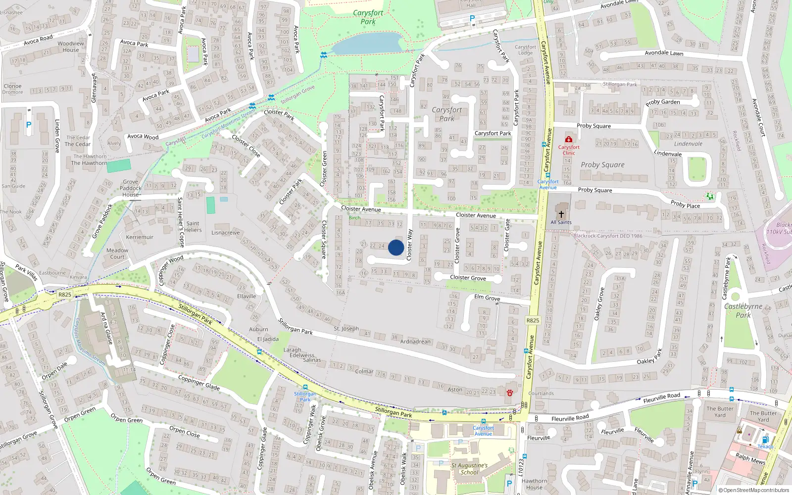 Overhead map showing the location of 27 Cloister Way, Carysfort Avenue, Blackrock