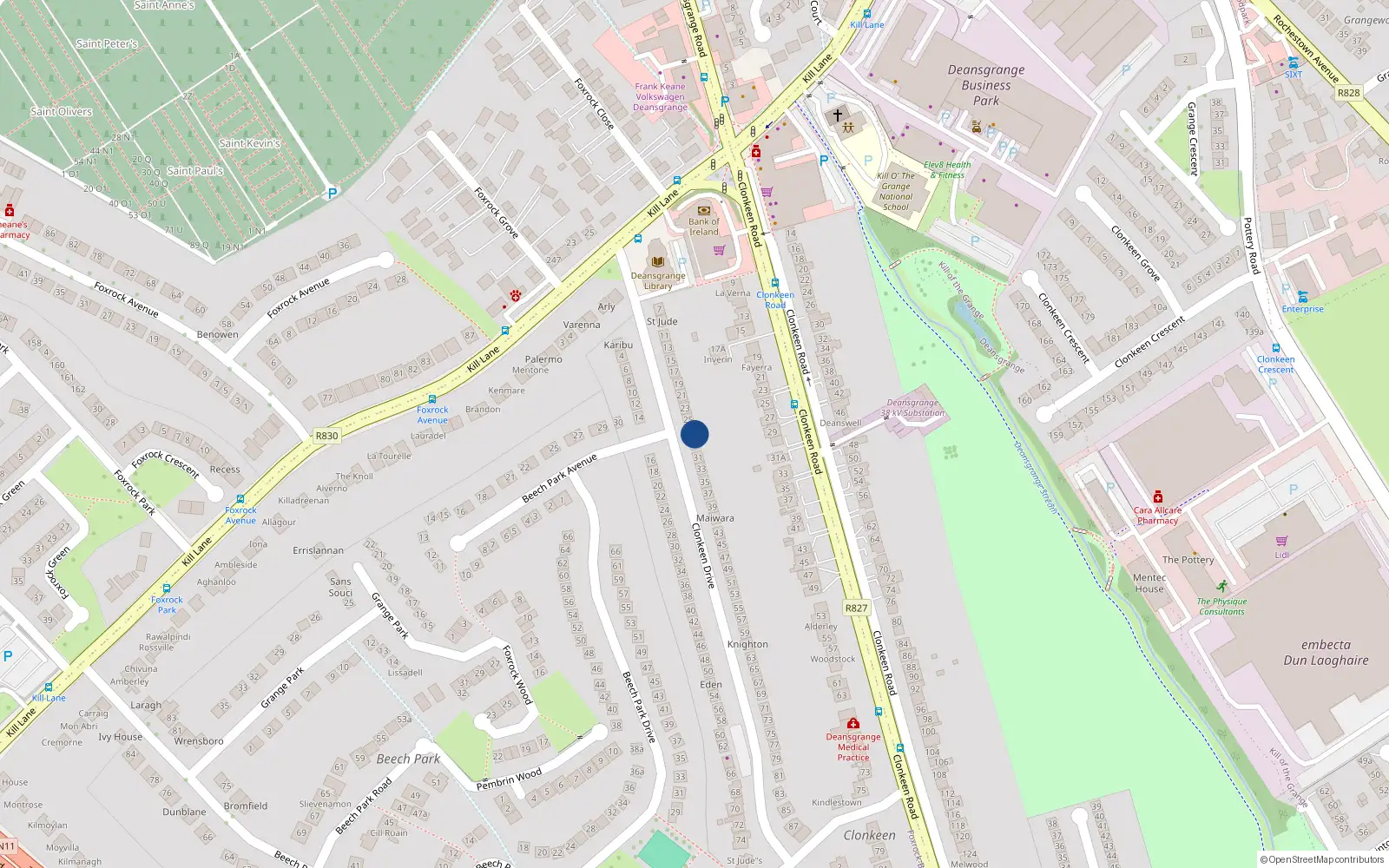 Overhead map showing the location of 27 Clonkeen Drive, Dublin 18