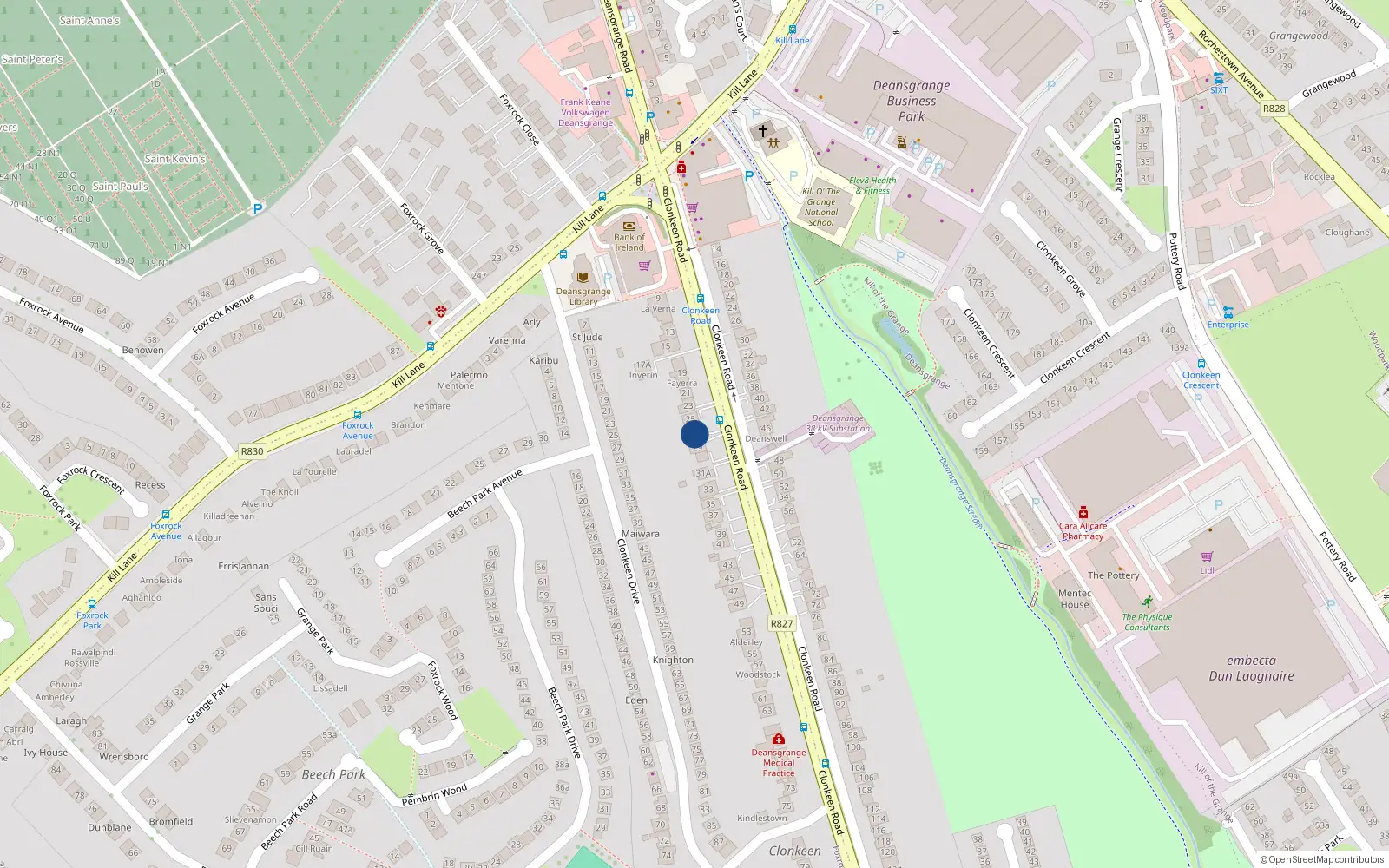 Overhead map showing the location of 27 Clonkeen Road, Deans Grange, Blackrock