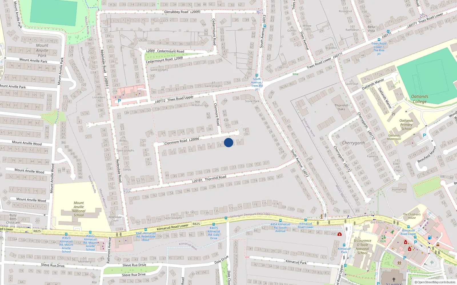 Overhead map showing the location of 27 Clonmore Road, Blackrock