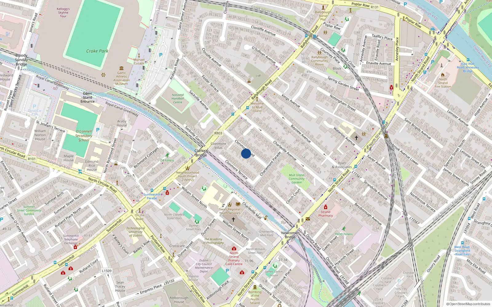 Overhead map showing the location of 27 Clonmore Road, Ballybough