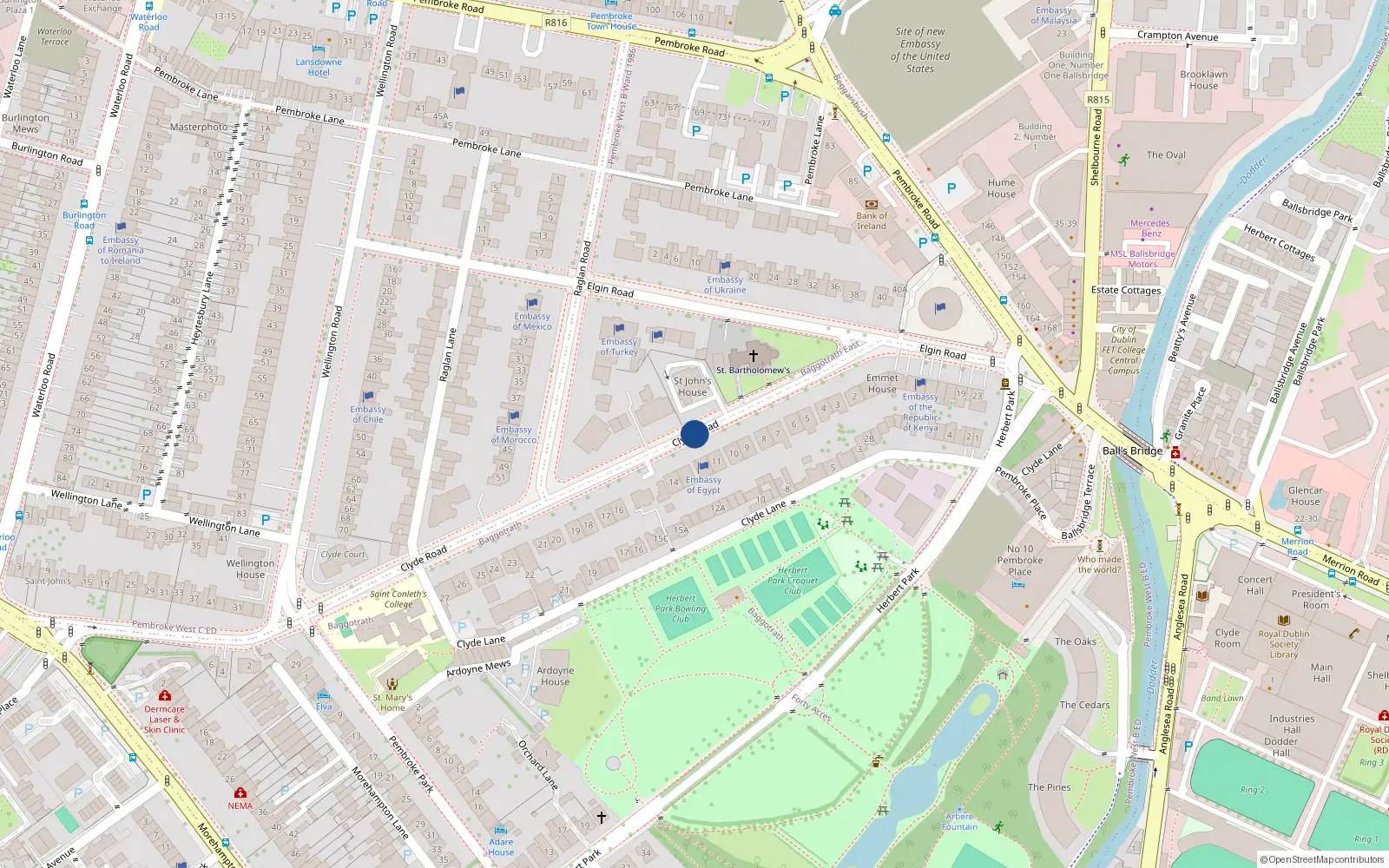 Overhead map showing the location of 27 Clyde Road, Dublin 4
