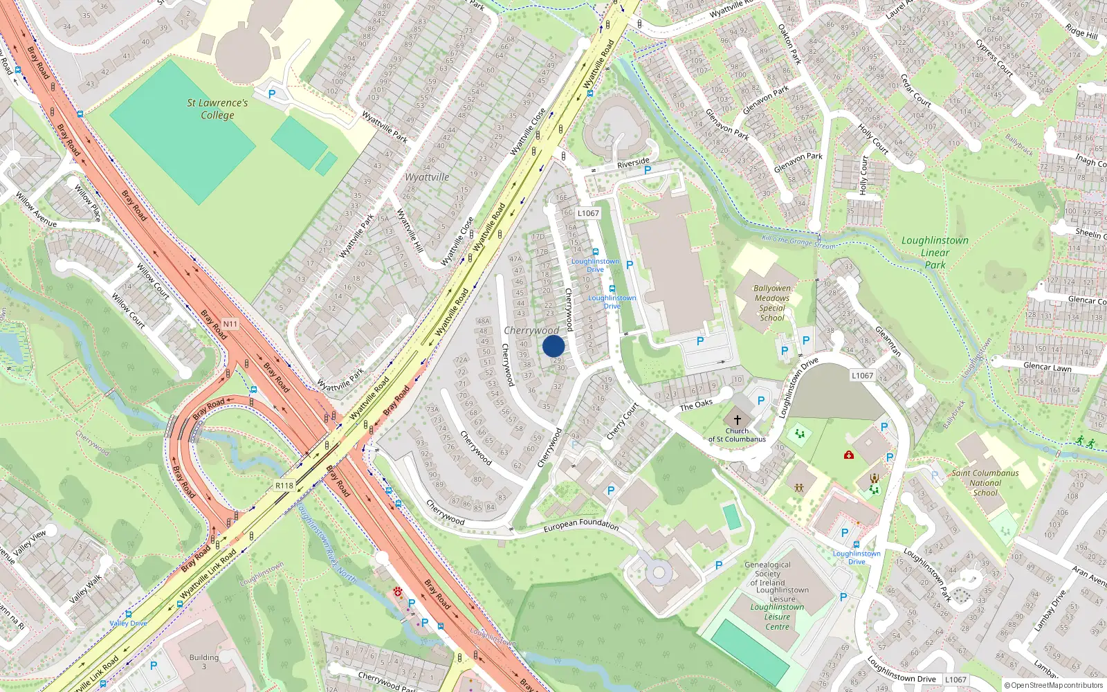 Overhead map showing the location of 27 Coill na Silini, Baile Ui Lachnain, Dun Laoghaire