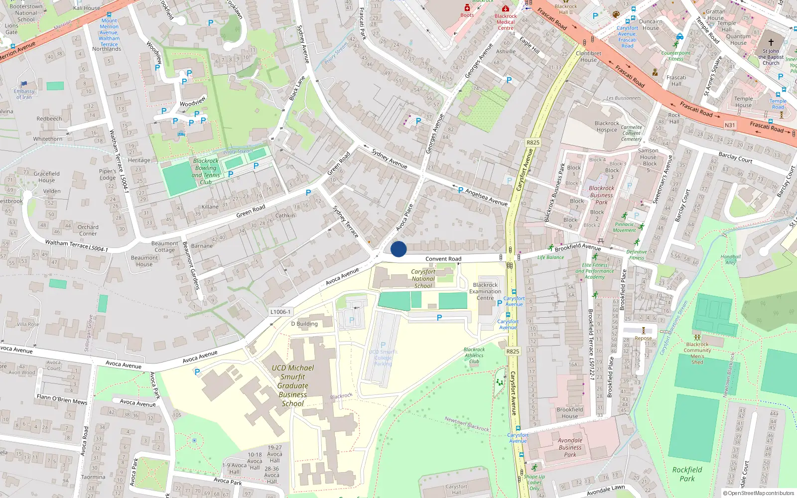 Overhead map showing the location of 27 Convent Road, Blackrock, Dublin