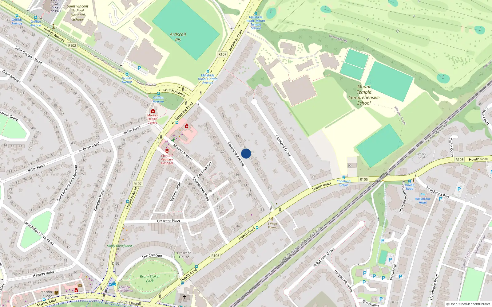 Overhead map showing the location of 27 Copeland Avenue, Clontarf, Dublin 3