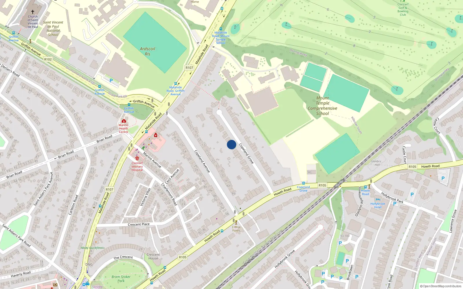 Overhead map showing the location of 27 Copeland Grove, Dublin 3