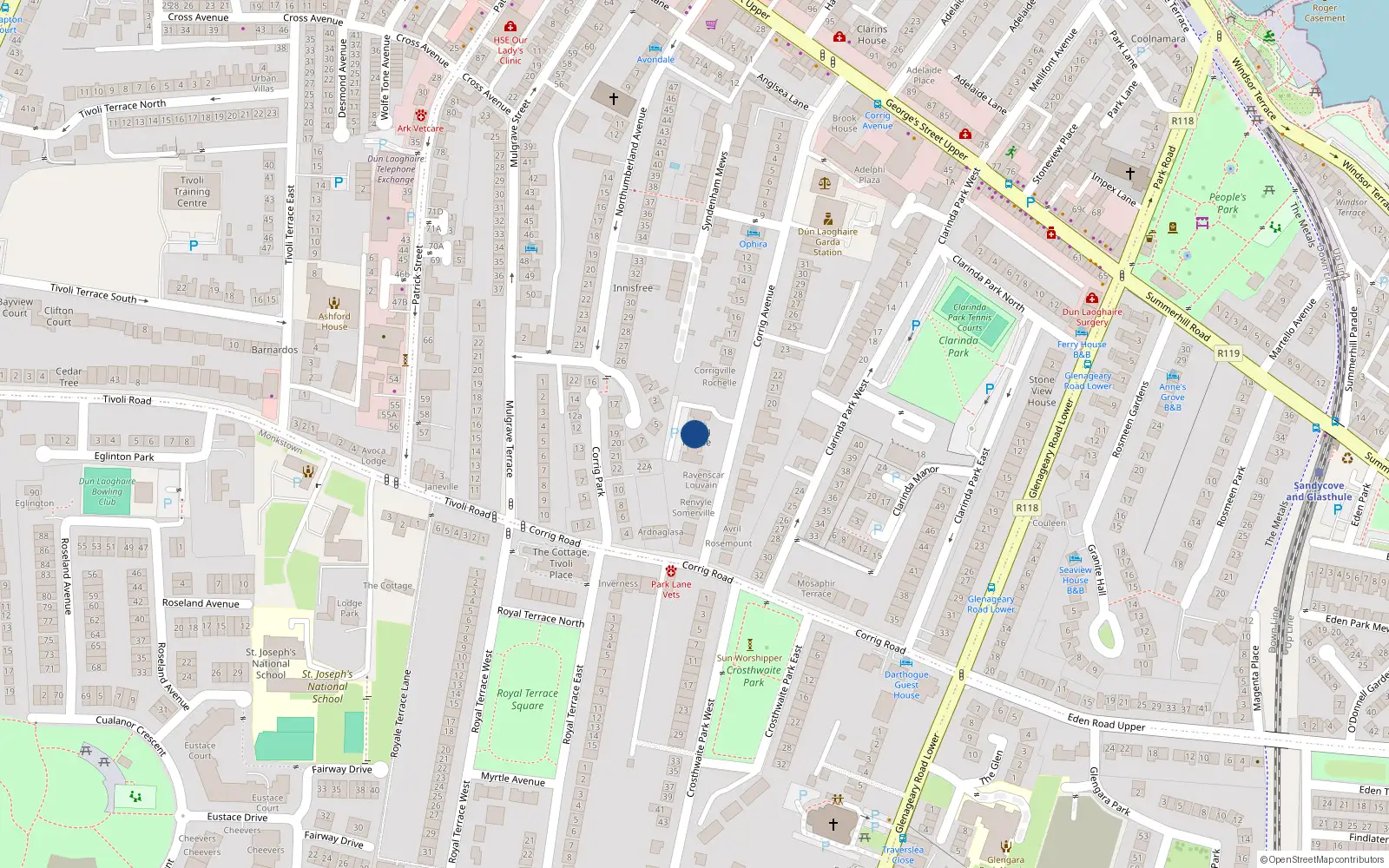 Overhead map showing the location of 27 Corrig Avenue, Dun Laoghaire