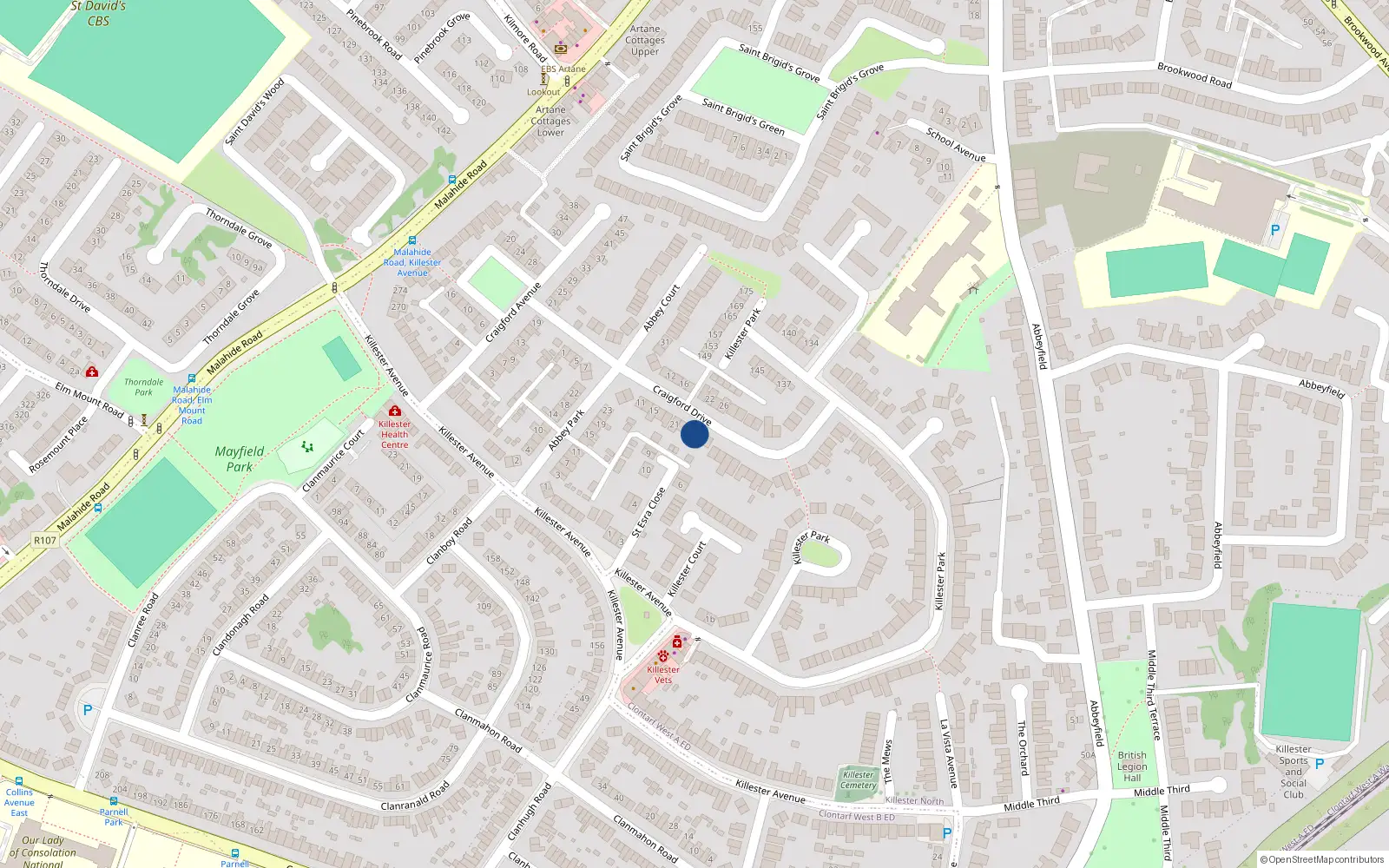 Overhead map showing the location of 27 Craigford Drive, Killester, Dublin 5