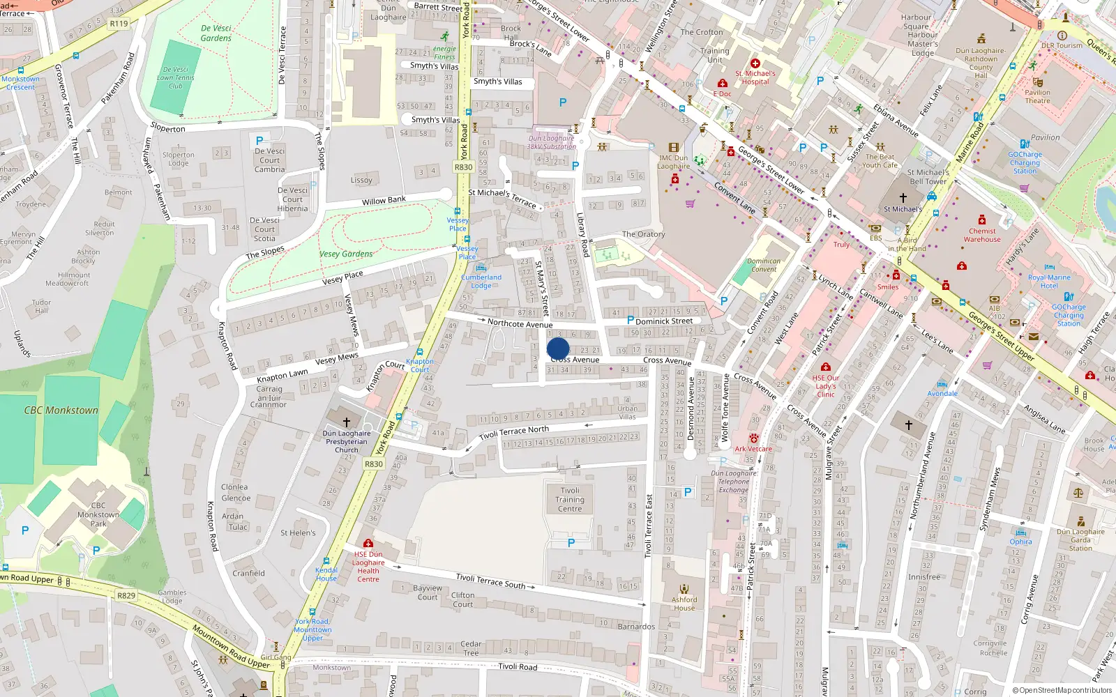 Overhead map showing the location of 27 Cross Avenue, Dublin