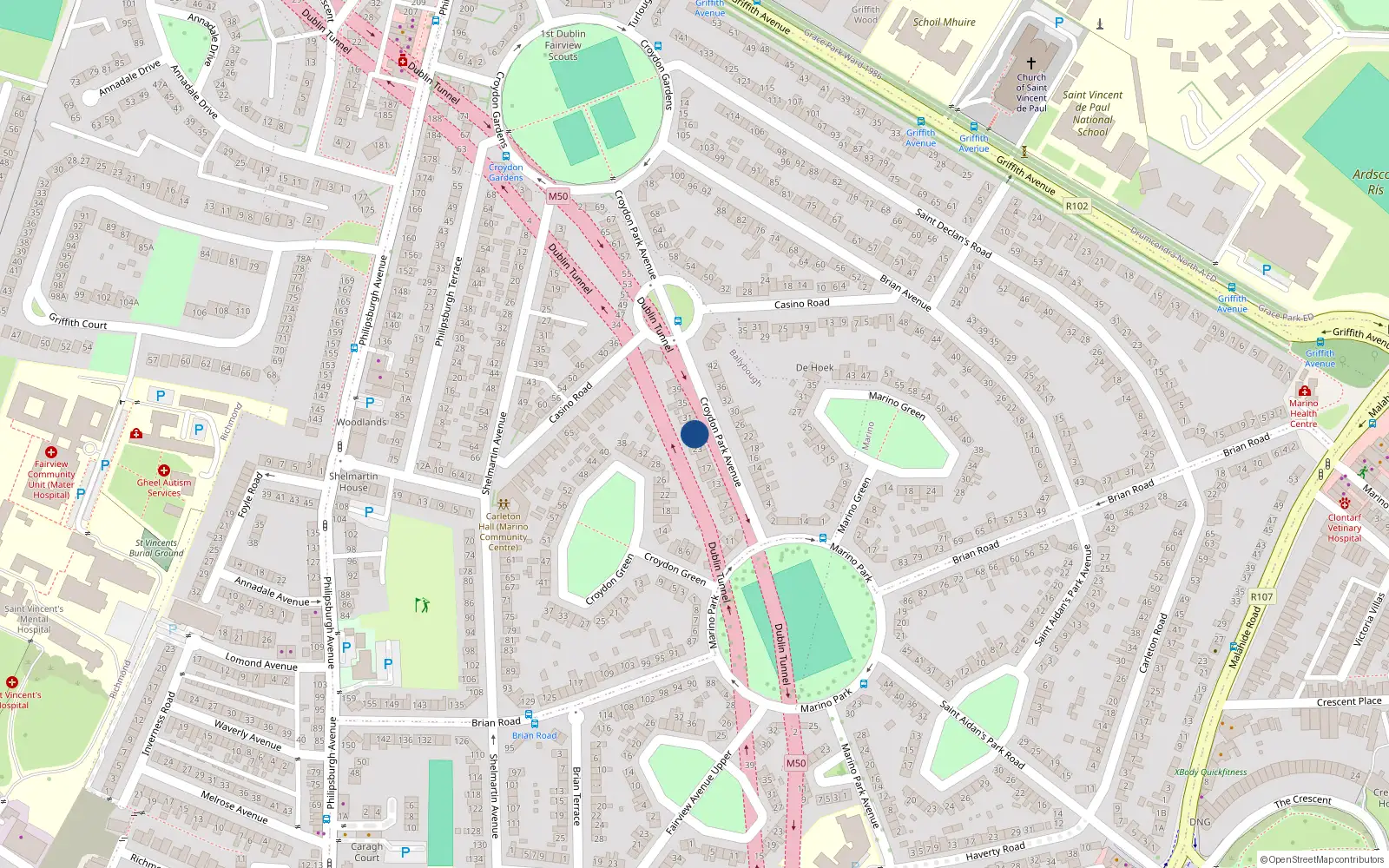 Overhead map showing the location of 27 Croydon Park Avenue, Dublin 3