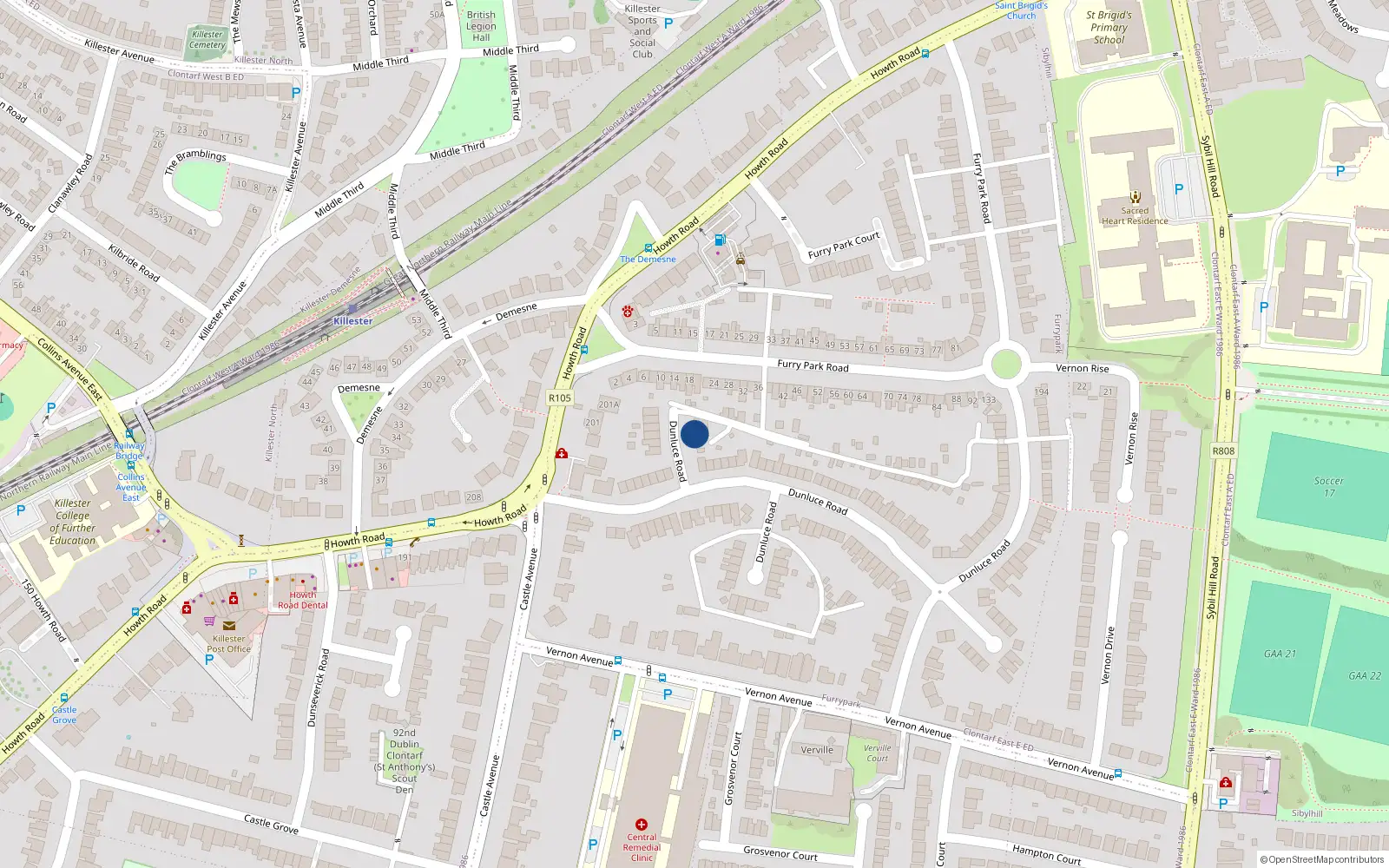 Overhead map showing the location of 27 Dunluce Road, Clontarf, Dublin 3