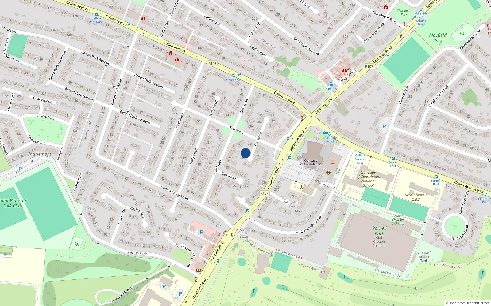 Overhead map showing the location of 27 Elm Road, Dublin 9