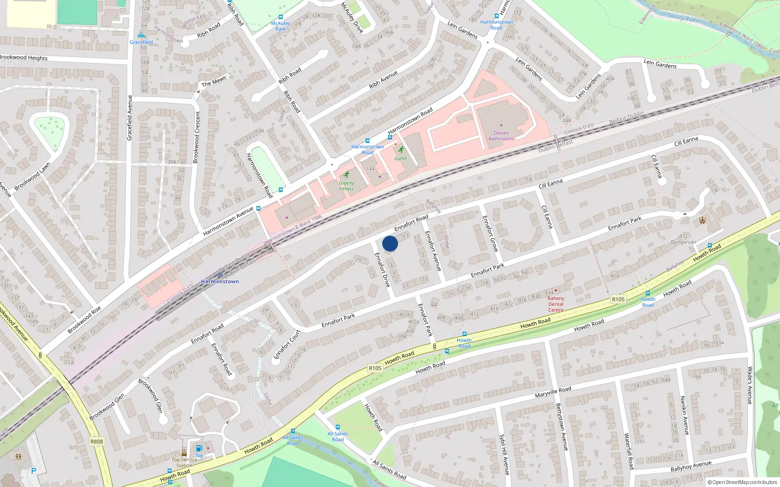 Overhead map showing the location of 27 Ennafort Road, Raheny, Dublin 13