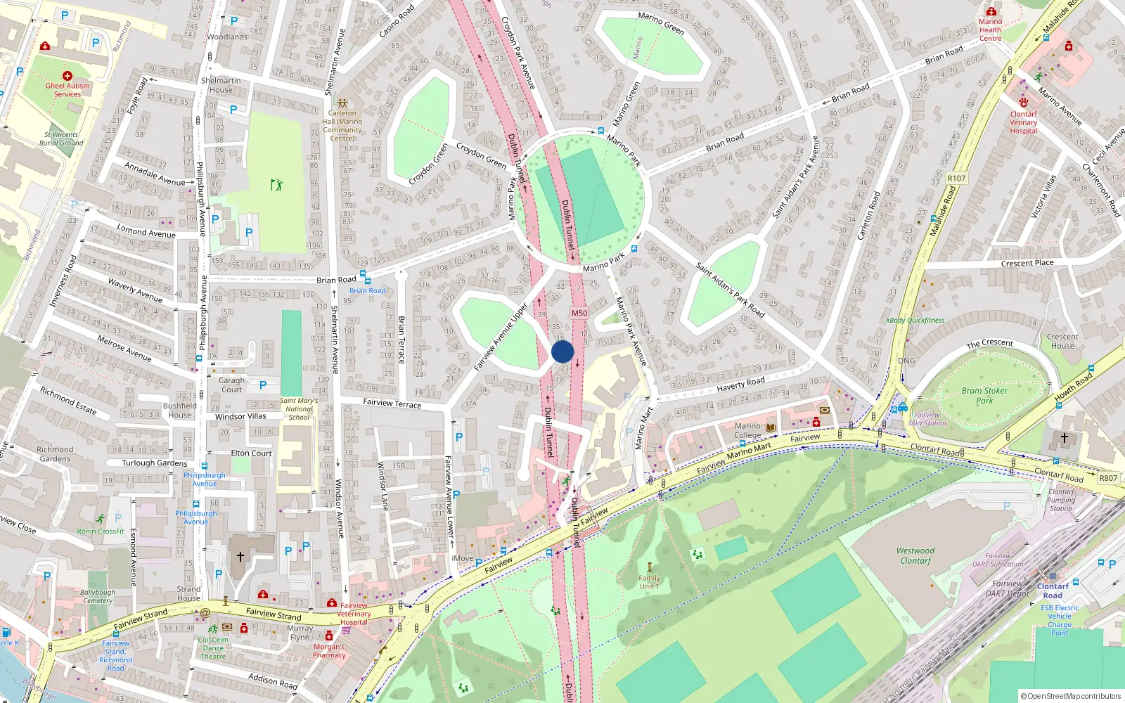 Overhead map showing the location of 27 Fairview Green, Dublin 3